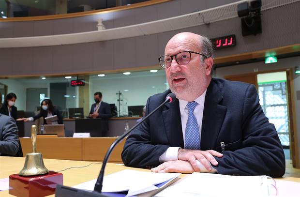 Portuguese environment minister Joao Pedro Matos Fernandes during Thursday's meeting. The Portuguese presidency said it would defend plans to cut emissions by 55% by 2020. Photo: European Union